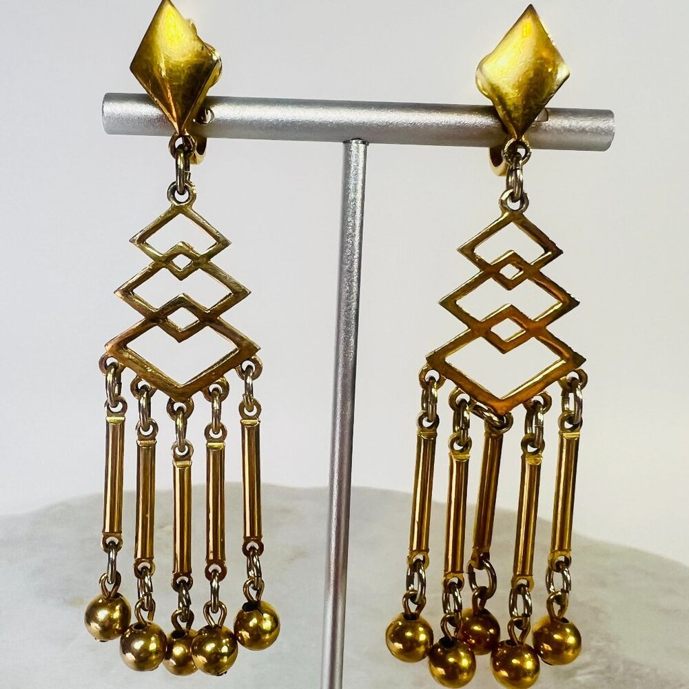 Vintage Trifari 3" Dangle Earrings‎ Geometric Clip On Dangle Gold Tone Art Deco